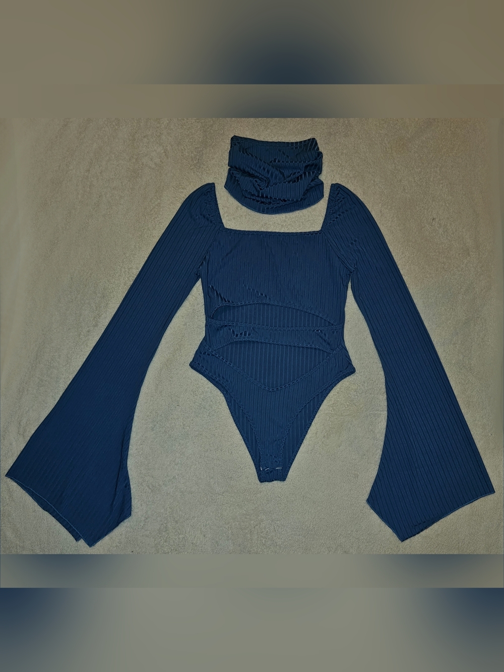 SHEIN Blue Ribbed Trumpet Sleeve Cut Out 2 Piece Bodysuit